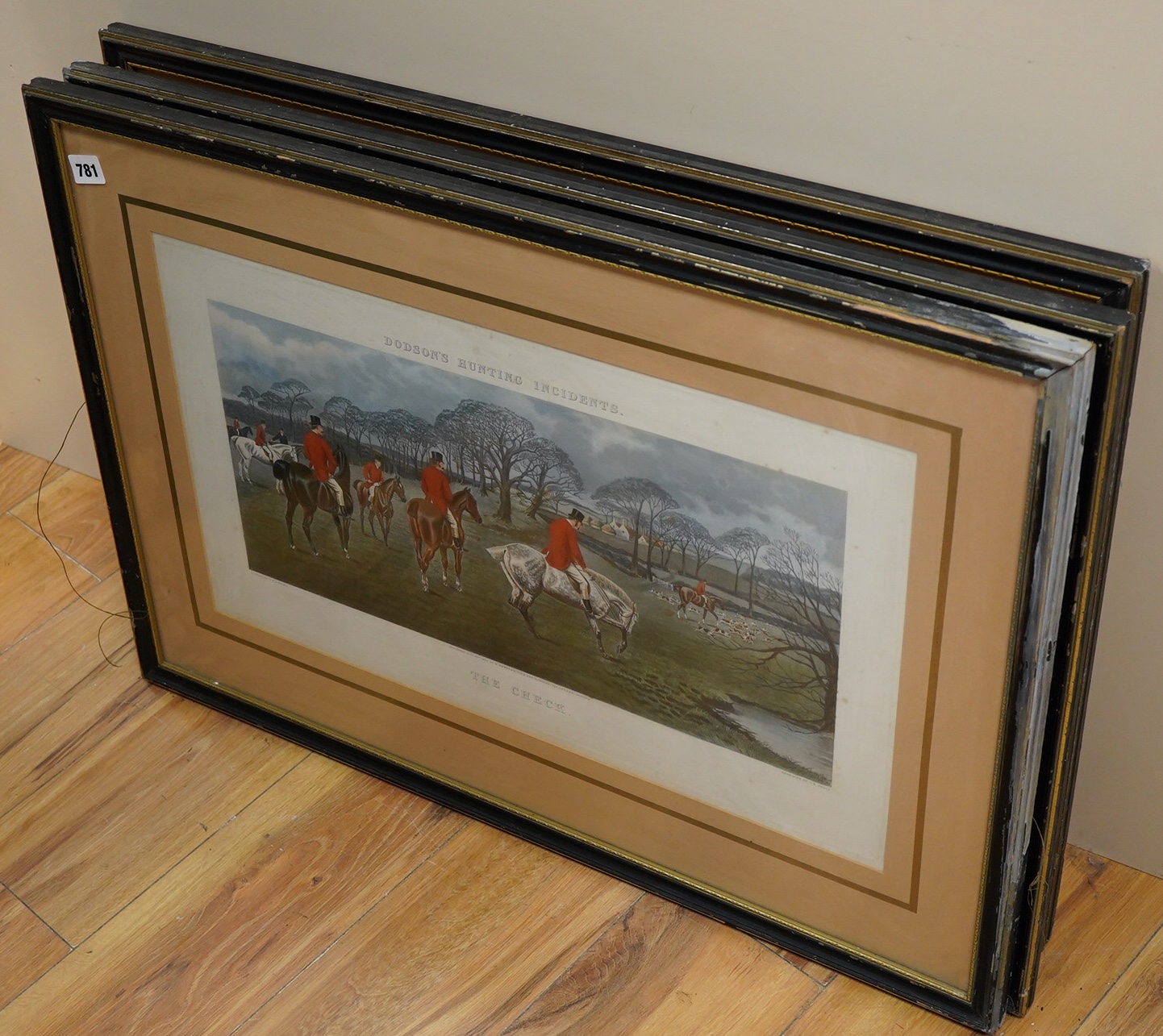 After T N H Walsh Dodson's Hunting Incidents, to include 'The Check' and 'The Fence', four lithographs published by R. Dodson's Fine Art Gallery, London, largest 35 x 59cm